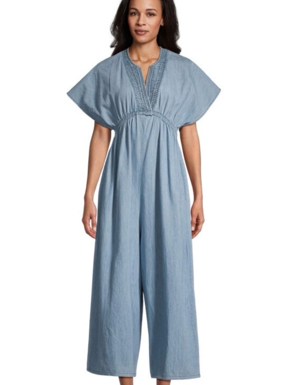 World Market Misha Light Blue Wide-Leg Jumpsuit with Embroidered V-Neck